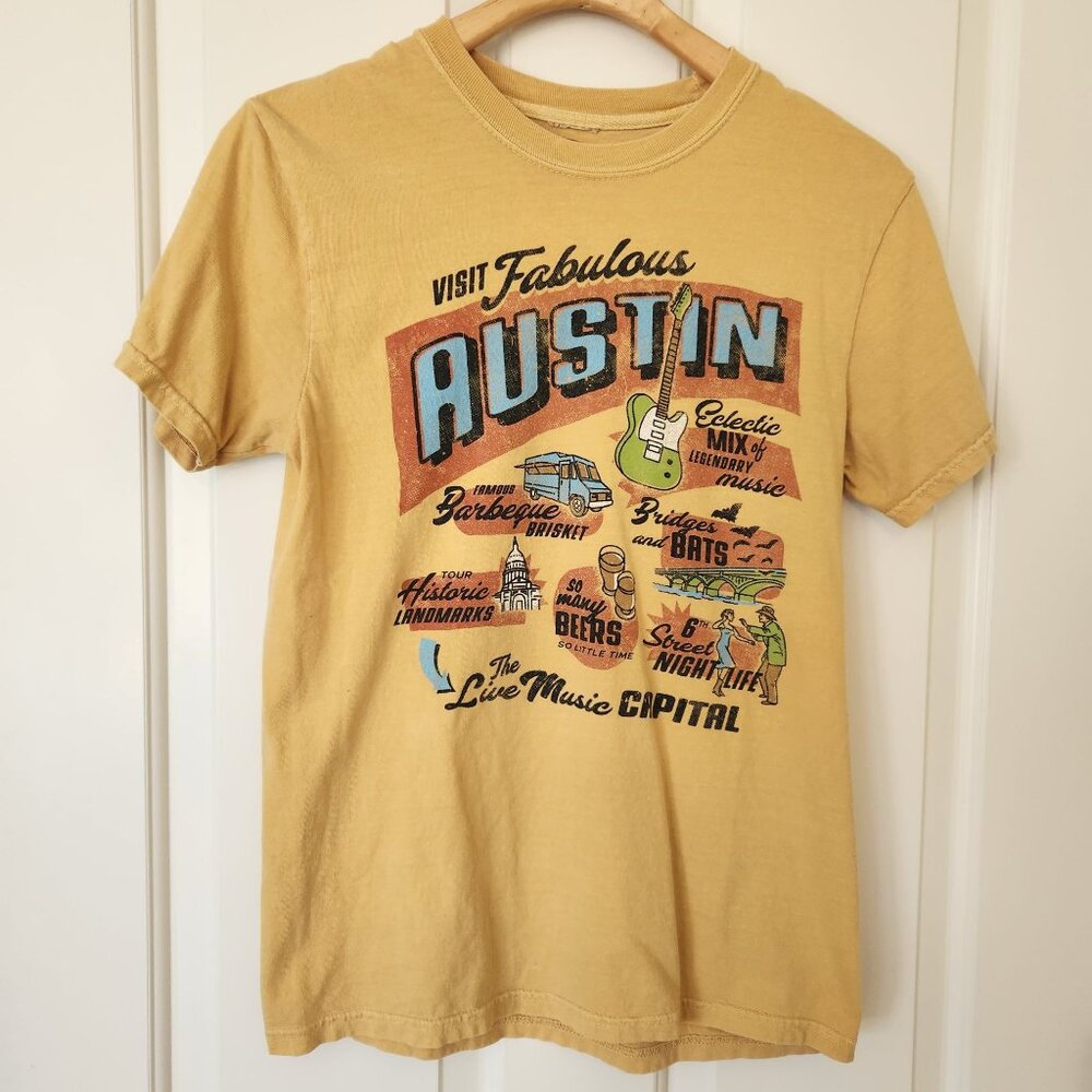 Austin Texas Graphic Tee Shirt Vacationland Mustard Yellow Music Rodeo Soft S - Picture 2 of 8